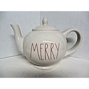 Rae Dunn by Magenta "Merry" Ceramic Tea Kettle Pot with lid  White/red  48 oz